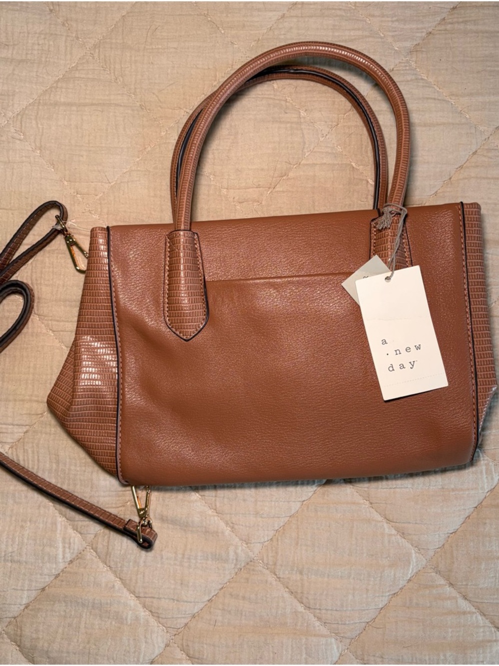 a new day Brown Textured Panel Satchel with Crossbody Strap